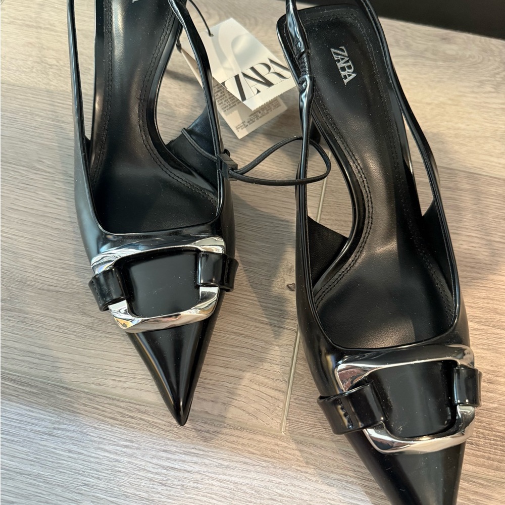 Zara Glossy Black Slingback Heels with Silver Details